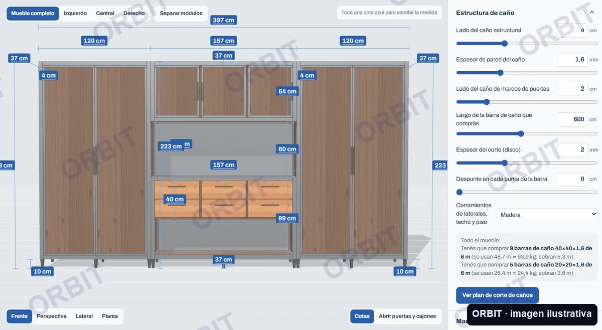 Modelo 3D del mueble modular con cotas editables y cálculo de caños