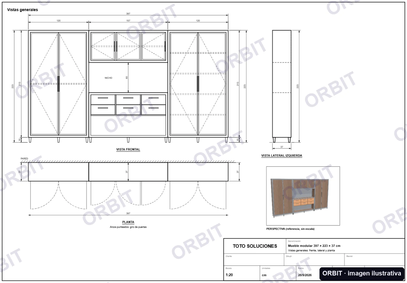 Plano técnico generado automáticamente con vista frontal, lateral, planta, perspectiva y rótulo